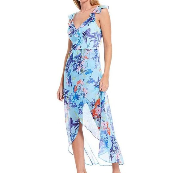 Guess Tropical Print Chiffon Ruffle V-Neck Sleeveless Hi-Low Midi Size 2 NWT - Picture 1 of 3